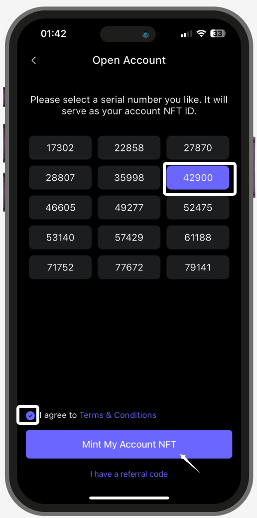 选择账户 NFT 编号并填写 SafePal 邀请码 749597